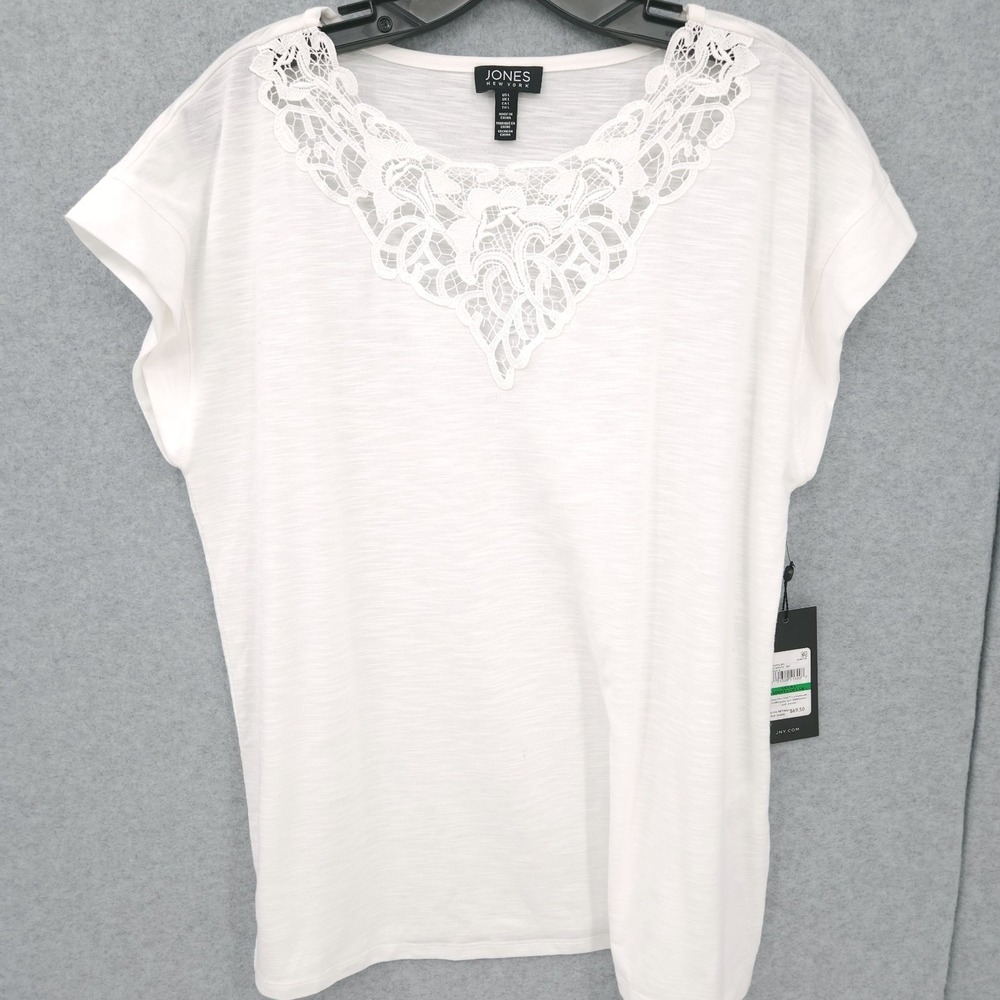 Jones New York Dolman Inset Lace Short Sleeve Pullover White Top Womens Size L